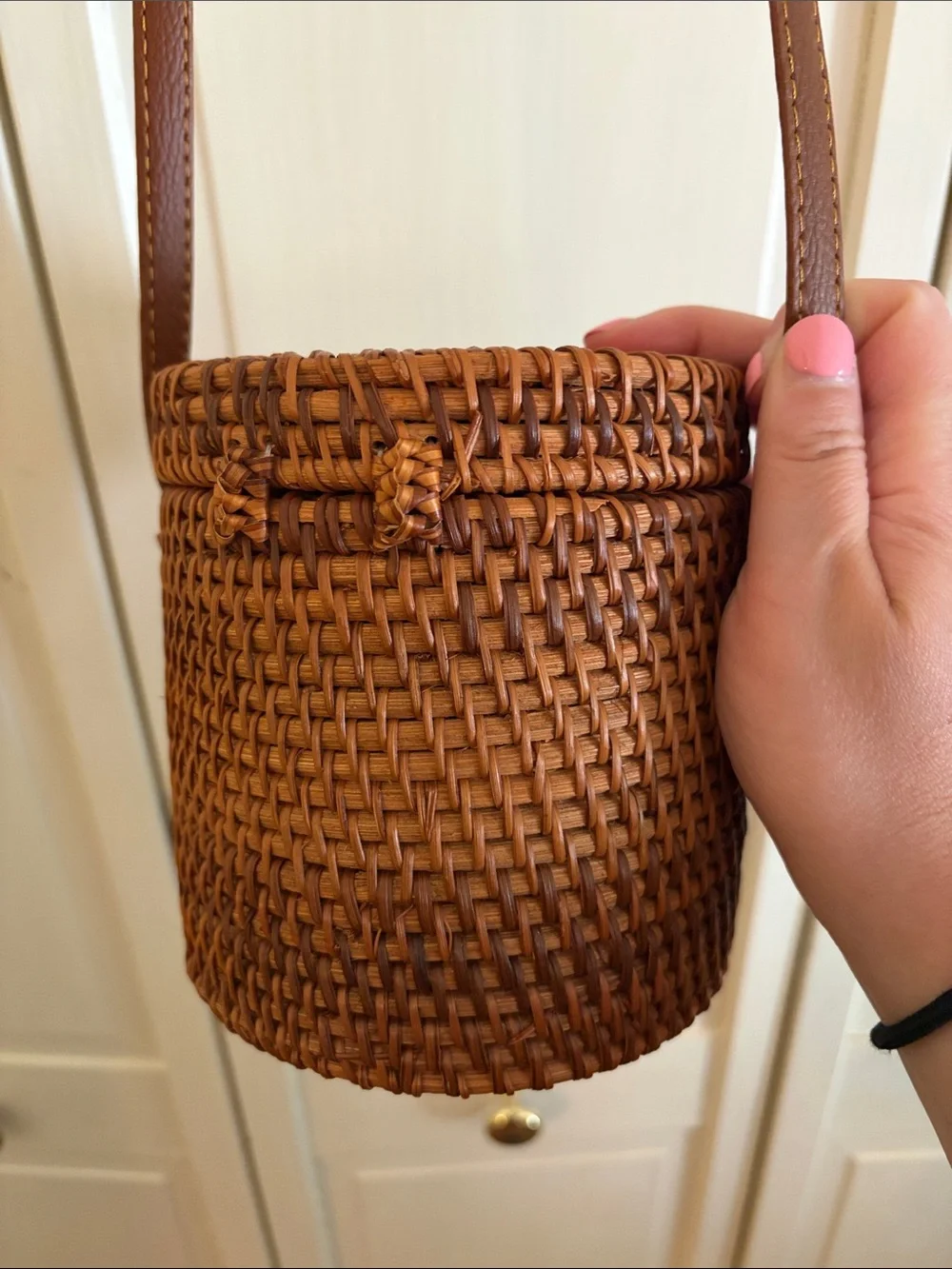 Brown Woven Cylinder Crossbody Bag